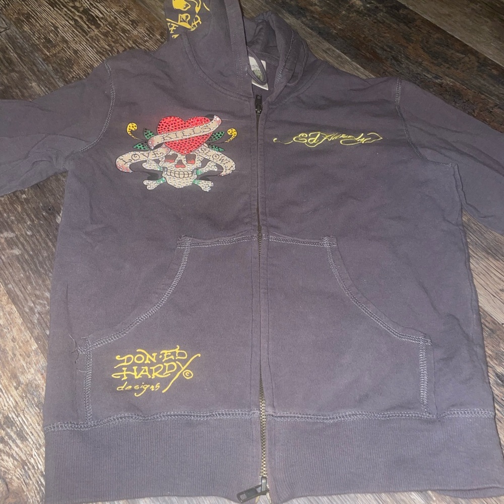Rare EUC Ed Hardy Love Kills Slowly Grey Hoodie Sz Small